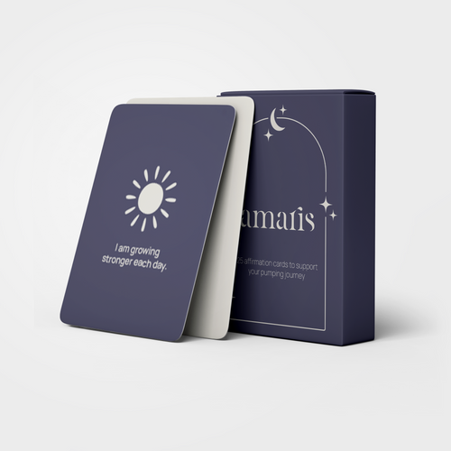 Amaris affirmation cards with packaging, showing a card with an inspirational message on a neutral background.