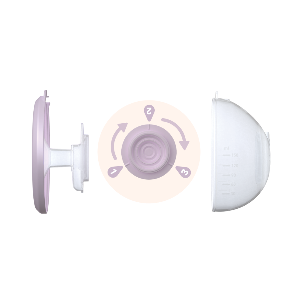 Amaris Slim-Cups parts shown with a visual guide illustrating diaphragm rotation for extended product life.