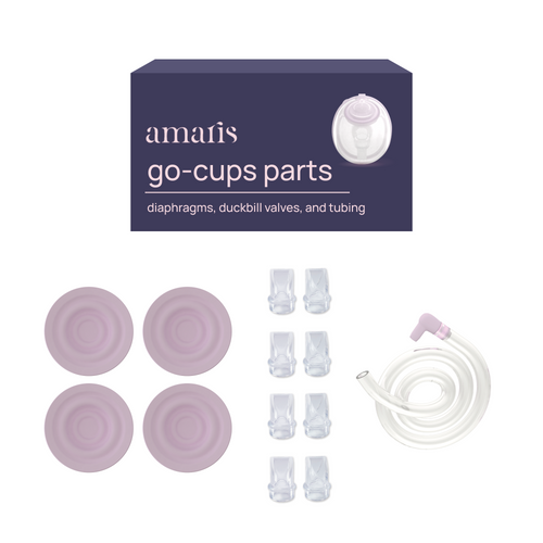 Amaris Go-Cups Sixth Month Replacement parts kit with diaphragms, duckbill valves, tubing, and packaging displayed on a white background.