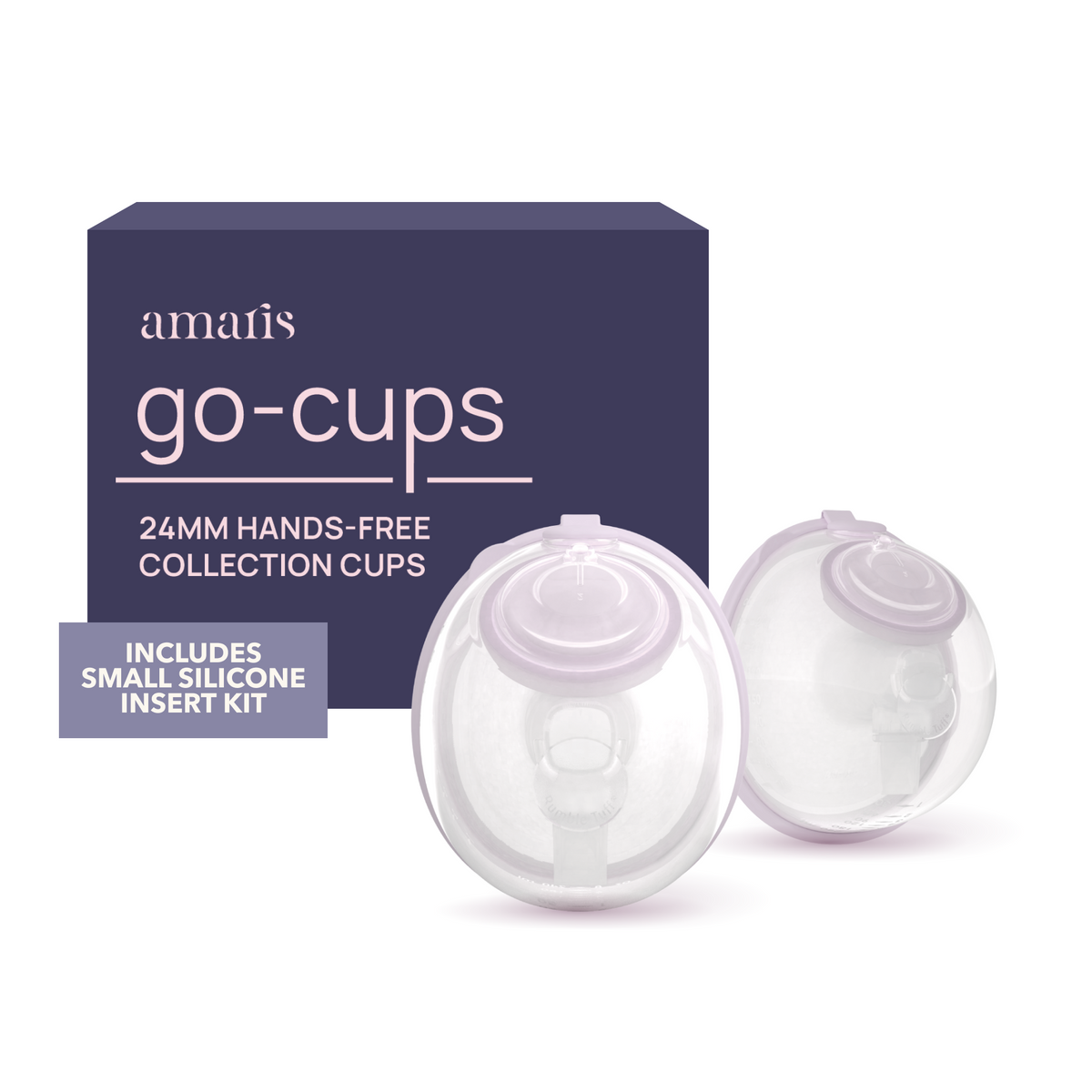 Amaris Go-Cups hands-free collection cups with Small Silicone Insert Kit Combo packaging and two cups displayed on a white background.