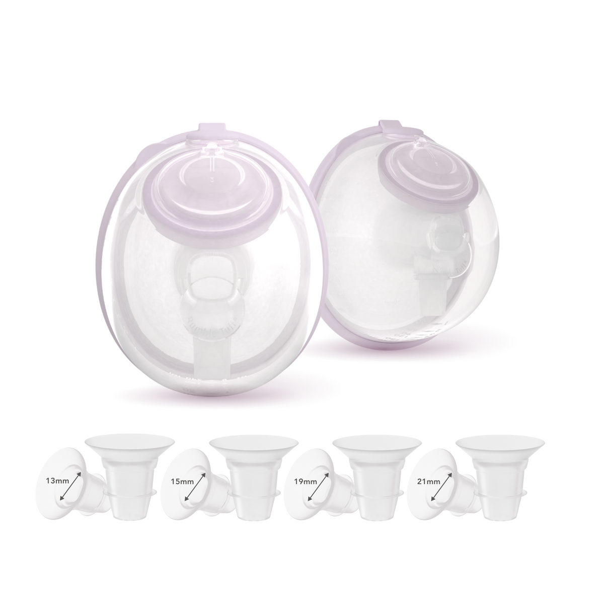 Set of Amaris Go-Cups hands-free collection cups with silicone inserts in 13 mm, 15 mm, 19 mm, and 21 mm sizes displayed on a white background.